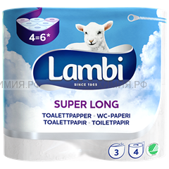 Туалетная бумага ЛАМБИ Супер Лонг белая 3-х сл. пр-во Швеция 4 рулон *6*150